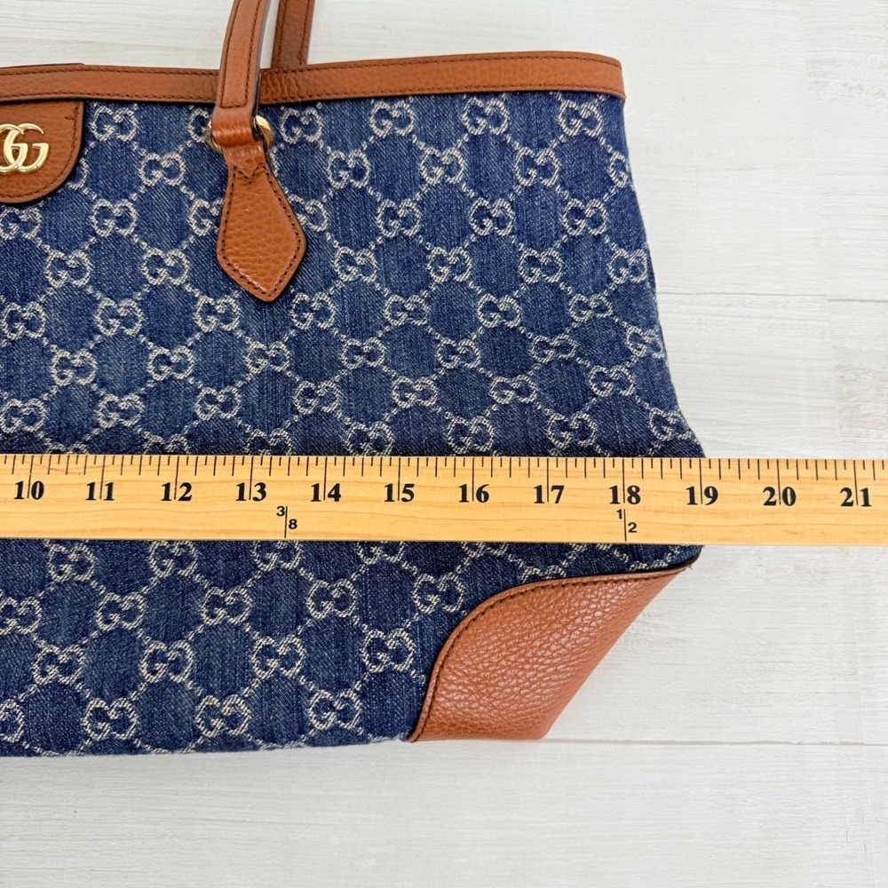 Gucci GG Monogram Denim Tote Bag Medium Blue Brown Leather Trim Tea Cuir - Picture 14 of 16